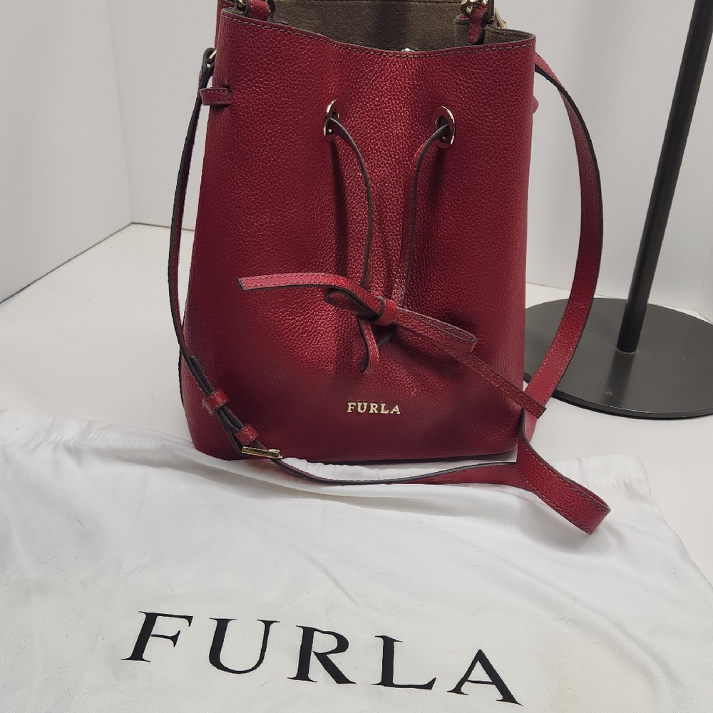 Furla Burgundy Red Leather Drawstring Crossbody Bucket Bag
